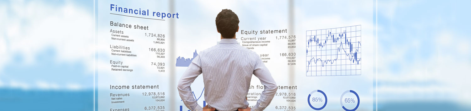 Executive navigating multiple pieces of data with analytic